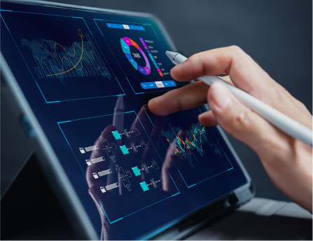 Hand interacting with digital dashboard on tablet displaying analytics and diagnostics – Rubytek sensor-driven monitoring technology for critical operations.